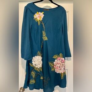 Anthropologie Varun Bahl Hydrangea Floral Dress Blue  Applique Embroidery Sz 12